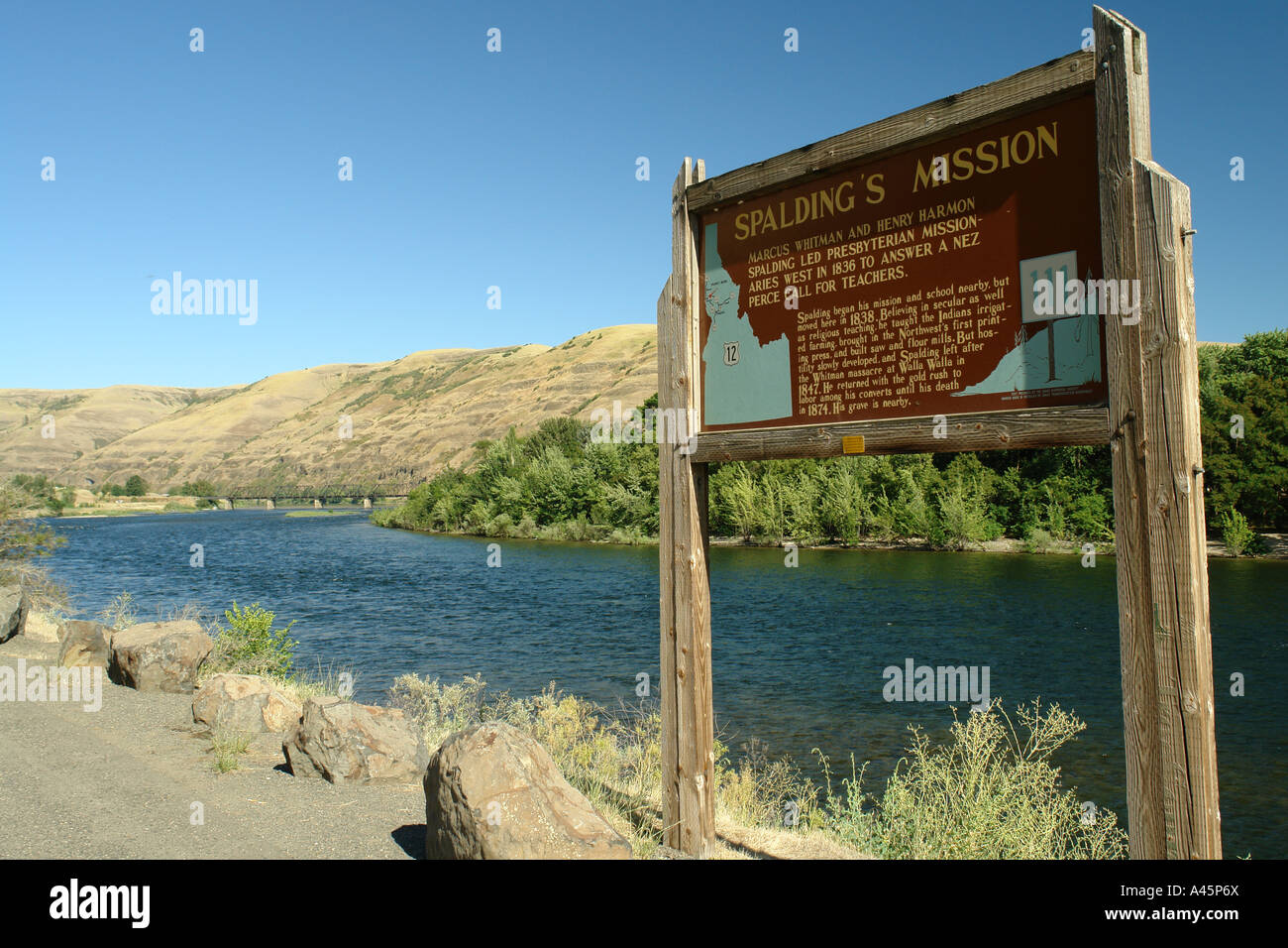 AJD56135, ID, Idaho Clearwater River, Nez Perce Indian Reservation, passaggio a Nord Ovest National Scenic Byway, marcatori storico Foto Stock