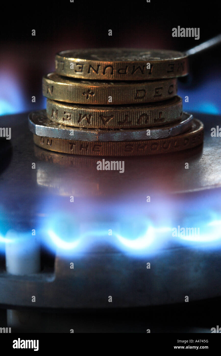 Fornello a gas le fiamme con denaro monete concept Foto Stock