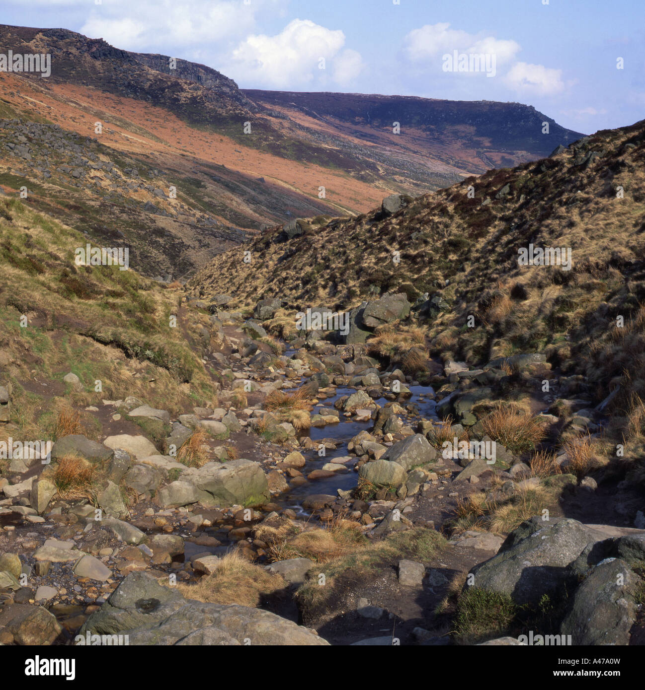 Grindsbrook Clough, Edale, Derbyshire, Inghilterra - percorso fino a Kinder Scout Foto Stock