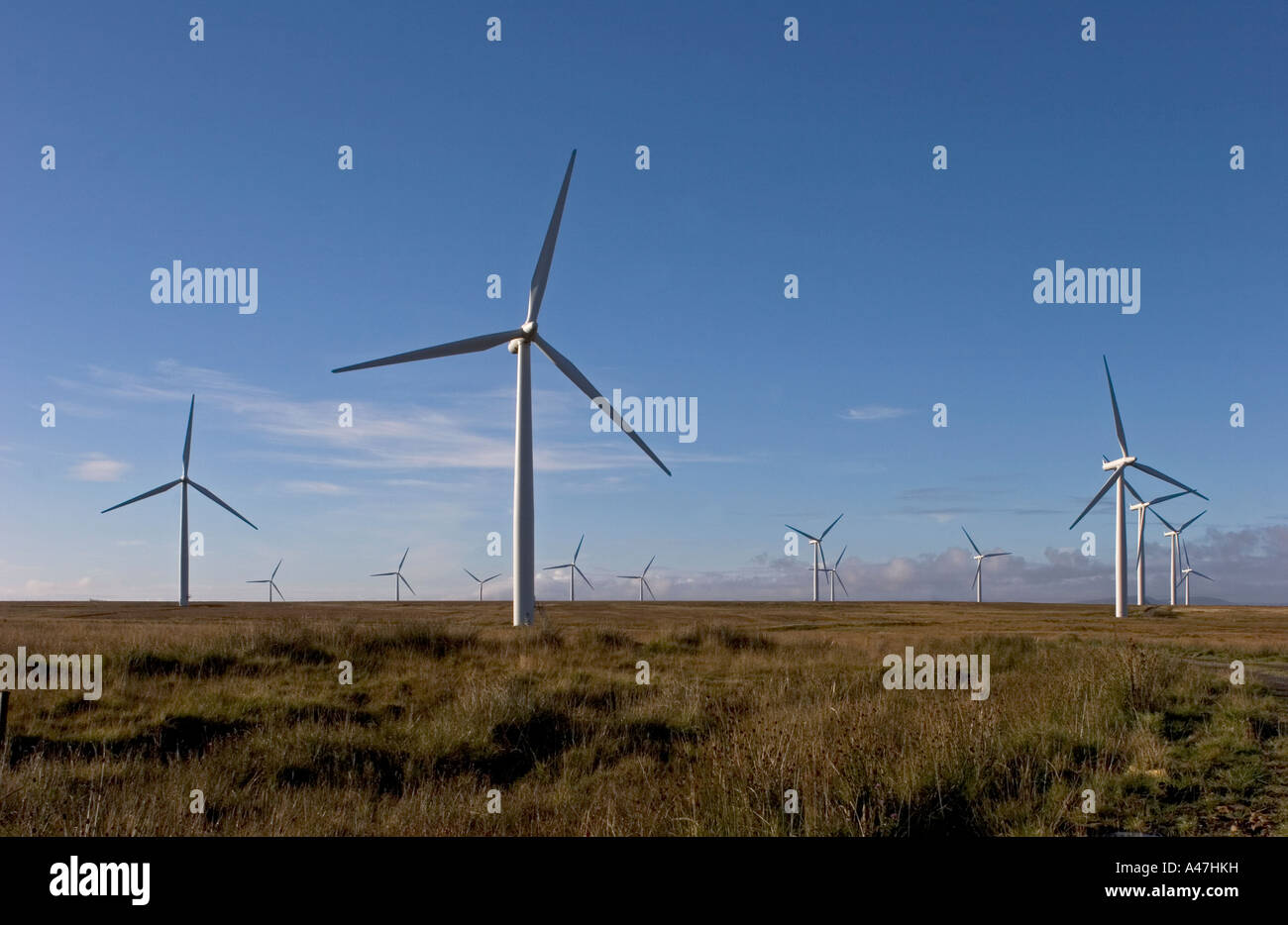 Il potere di vento turbine, Causeymire wind farm, a nord della Scozia, Regno Unito Foto Stock
