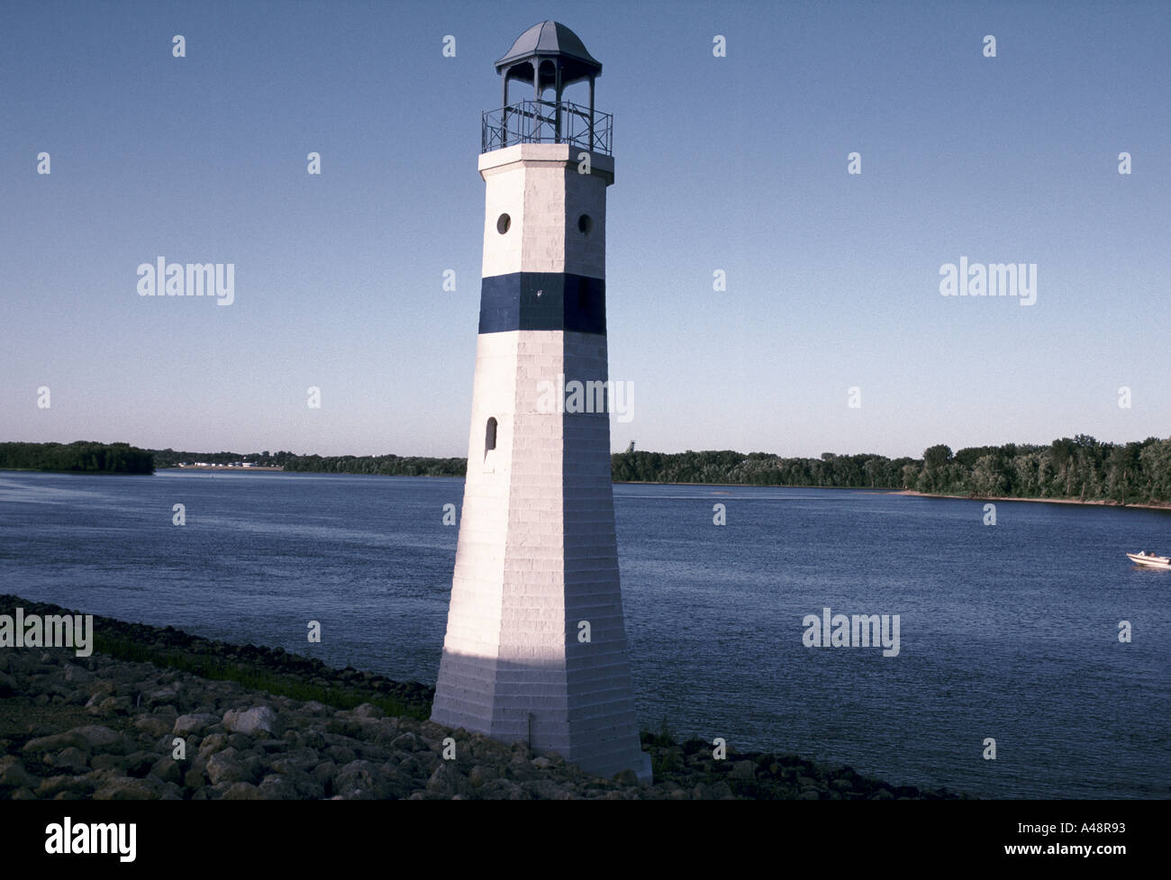 Faro sul Mississippi vicino a Clinton Iowa USA Foto Stock