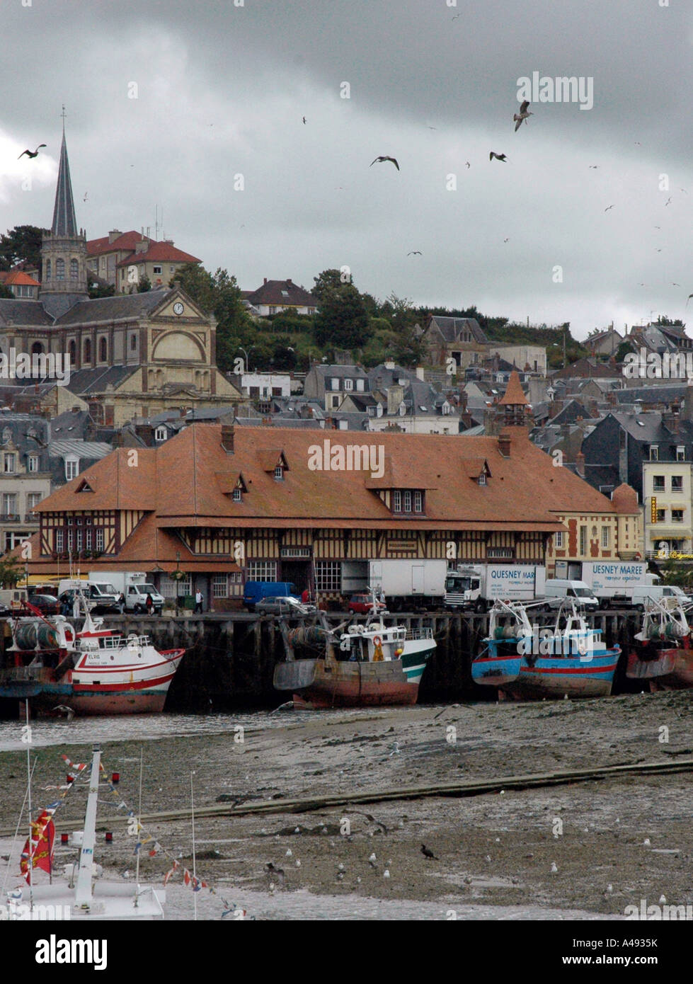 Vista panoramica di Trouville canale inglese La Manche Normandia Normandie Nord Ovest della Francia Europa Foto Stock