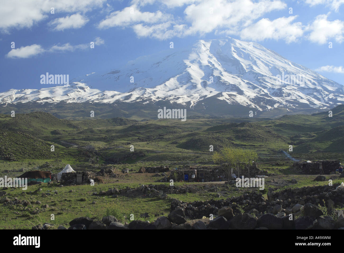 Il monte Ararat con un campo nomadi in primo piano, Turchia, Anatolia Orientale, Dogubayzit Foto Stock