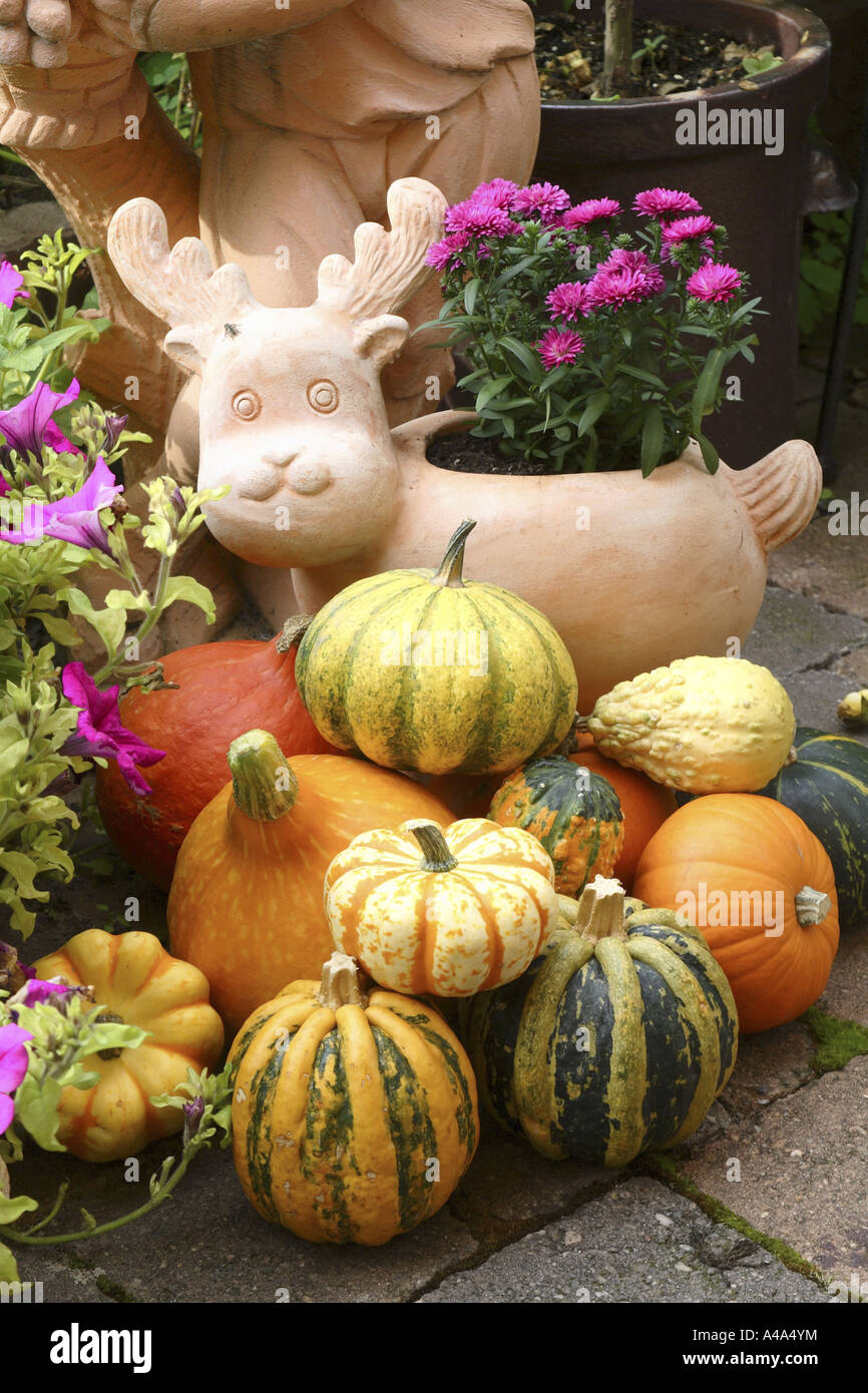 Scultura da giardino con fiori e zucche Foto Stock
