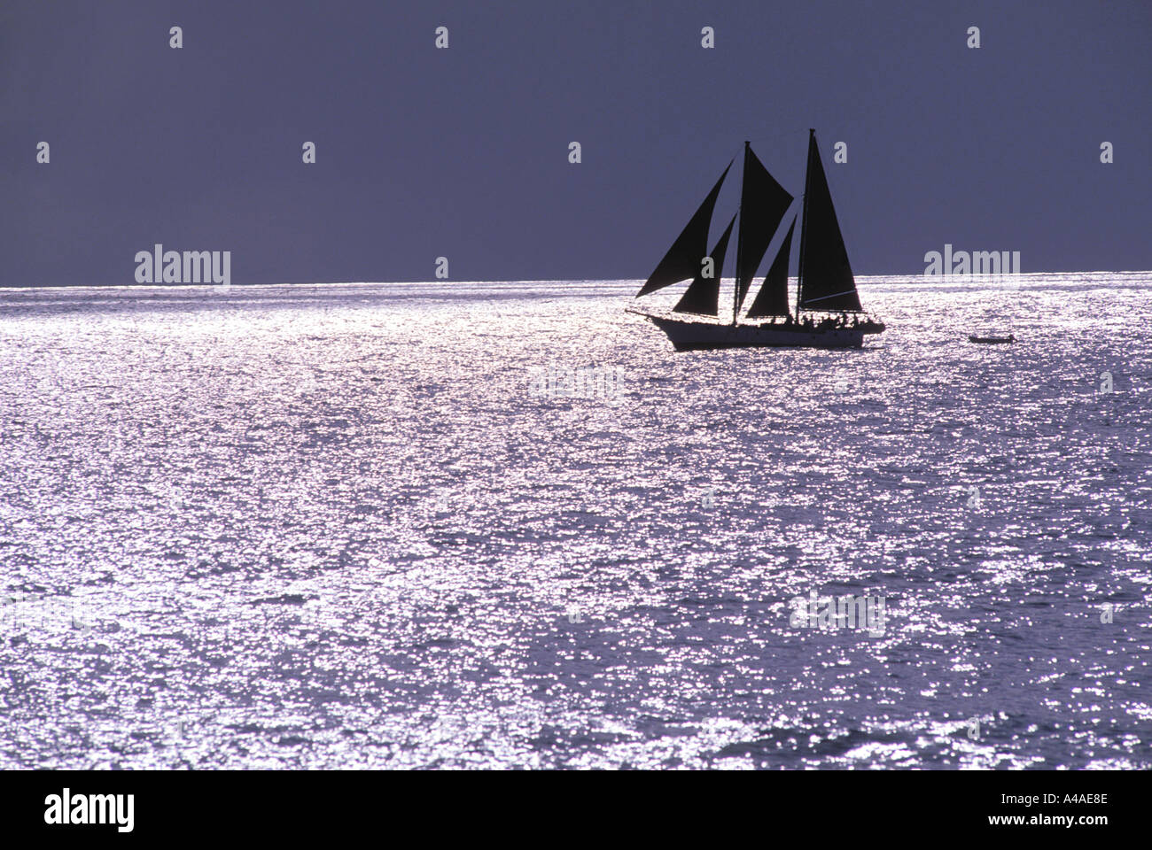 Retroilluminato con barca a vela sull'oceano Foto Stock