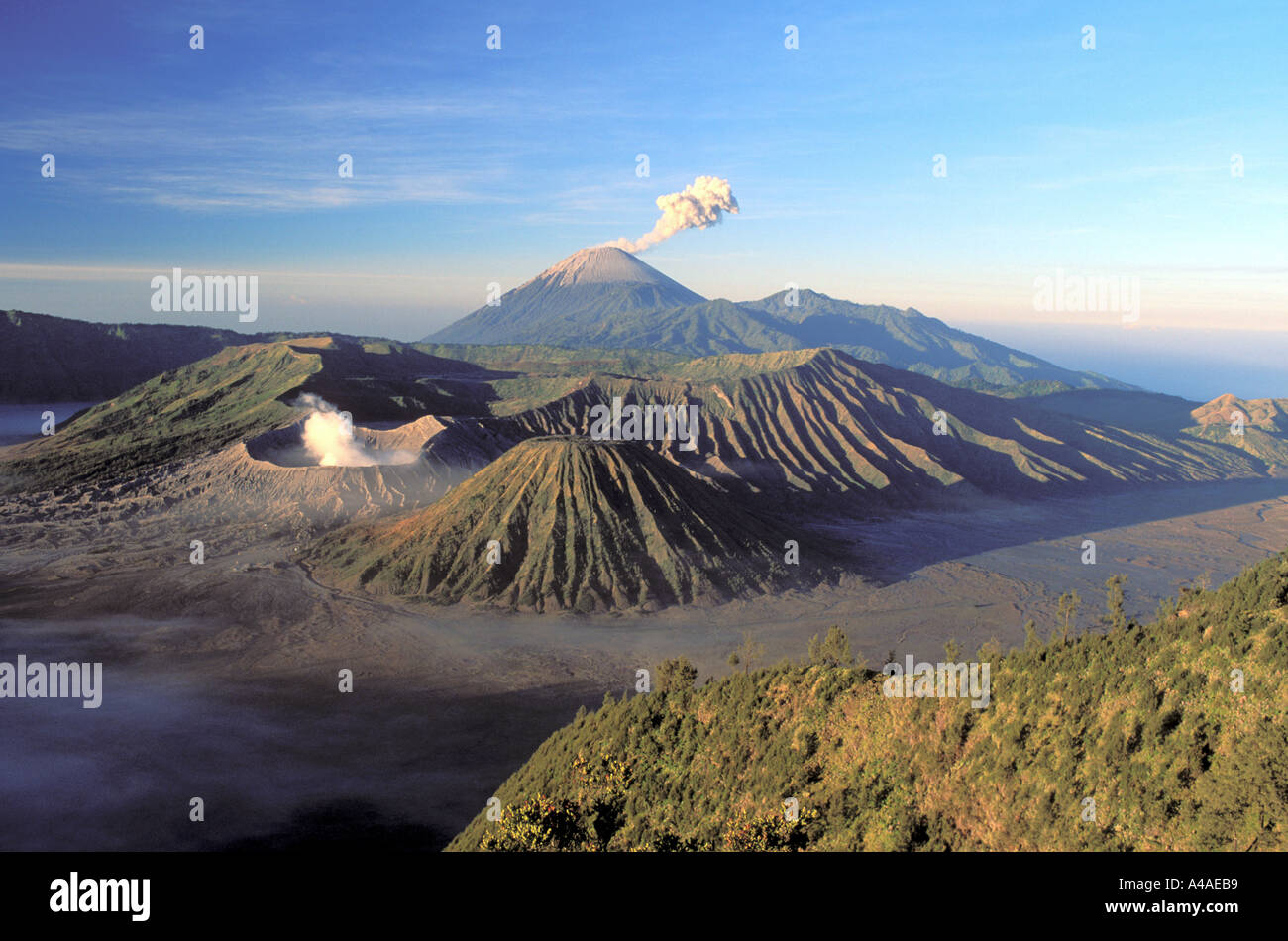 Monte Bromo e il monte Semeru sull'isola di Java in Indonesia Asia del sud-est Foto Stock