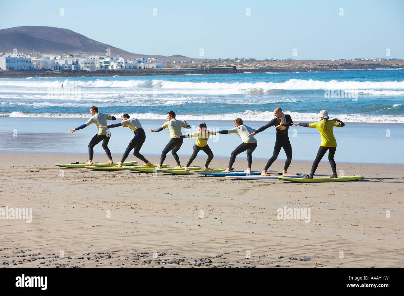 Lezione di surf Foto Stock
