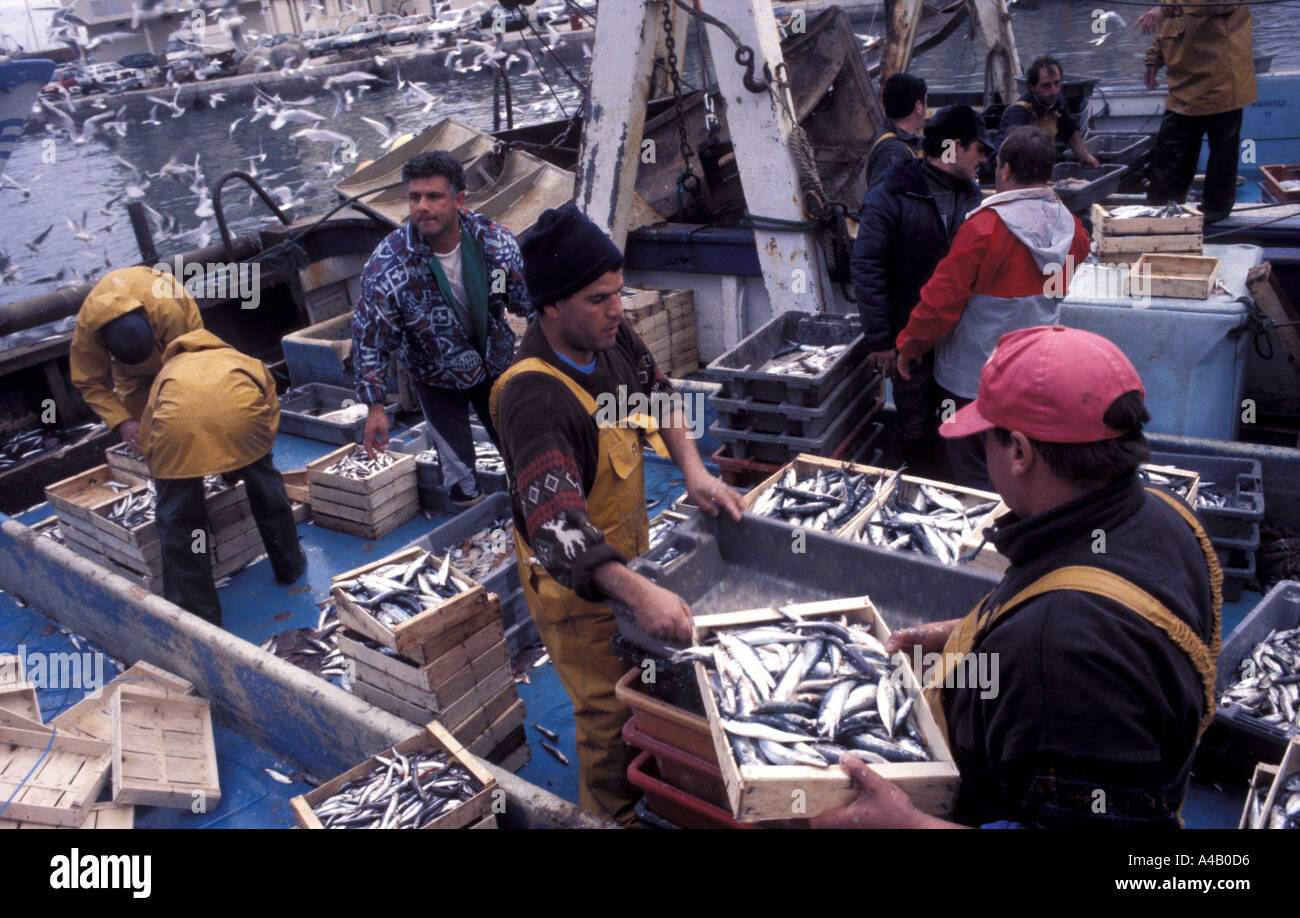 I pescatori di trasferire la cattura di shore Sete Francia Foto Stock