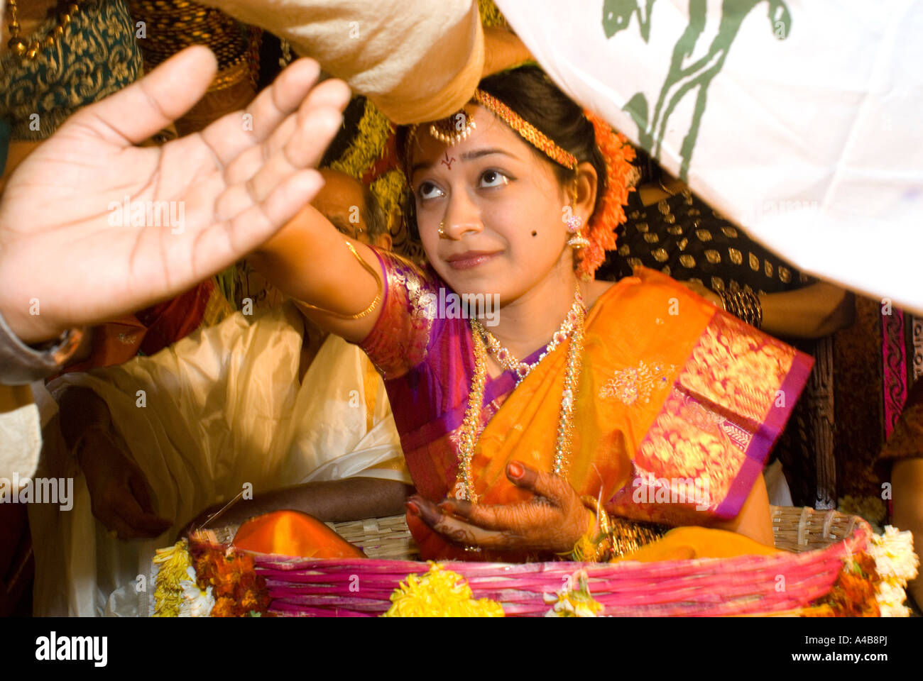 Immagine di stock di tradizionali nozze indù in India Hyderabad con la sposa e lo sposo di toccare fronte Foto Stock Immagine di stock di tradizionali nozze indù in India Hyderabad con la sposa e lo sposo di toccare fronte Foto Stock