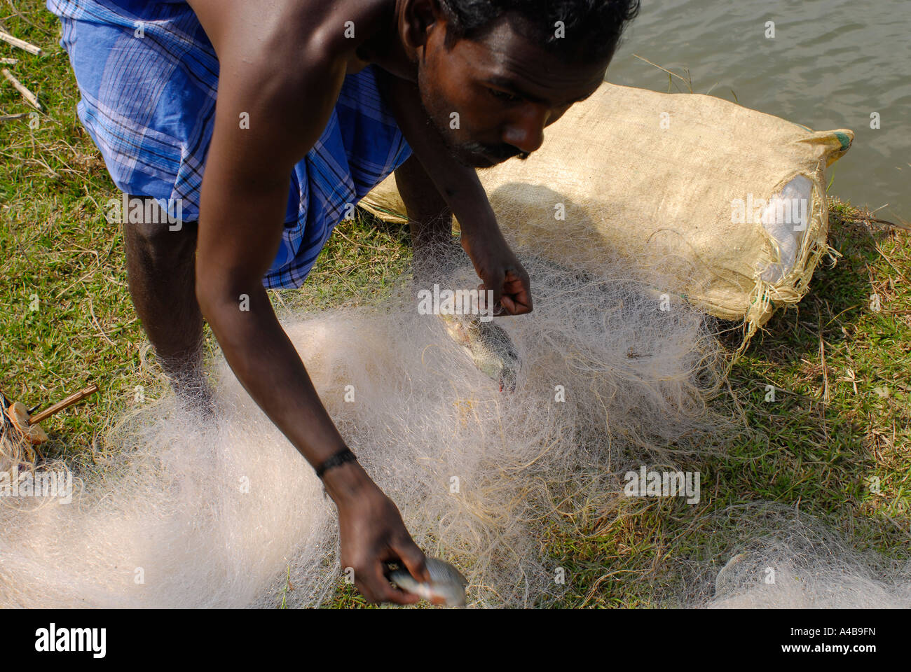 Immagine di stock di dalit villaggio tribale pescatore di stivaggio del suo net Foto Stock Immagine di stock di dalit villaggio tribale pescatore di stivaggio del suo net Foto Stock