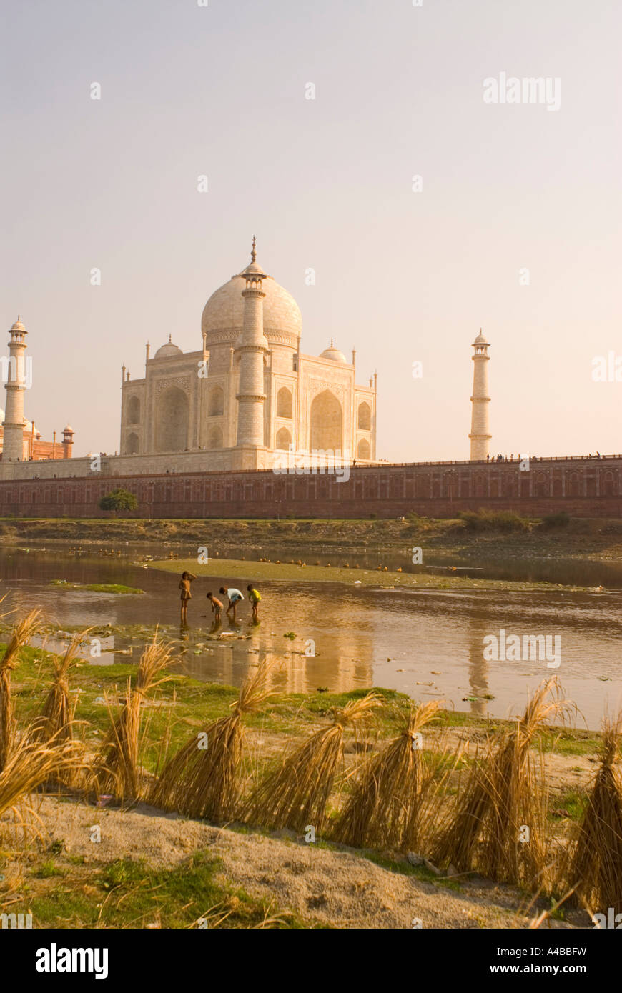 Immagine di stock di Taj Mahal di tutto il fiume Yamuna con andane per piante di cocomero Foto Stock Immagine di stock di Taj Mahal di tutto il fiume Yamuna con andane per piante di cocomero Foto Stock