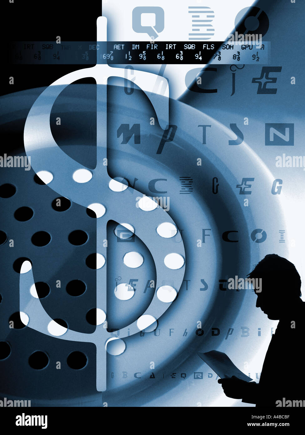 Azienda di tecnologia logos come un occhio grafico con il simbolo del dollaro è il soggetto di questo collage Foto Stock