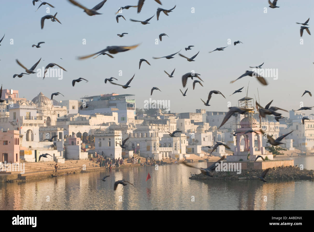 Immagine di stock di balneazione ghats presso il hindu città santa di Pushkar Rajasthan in India Foto Stock