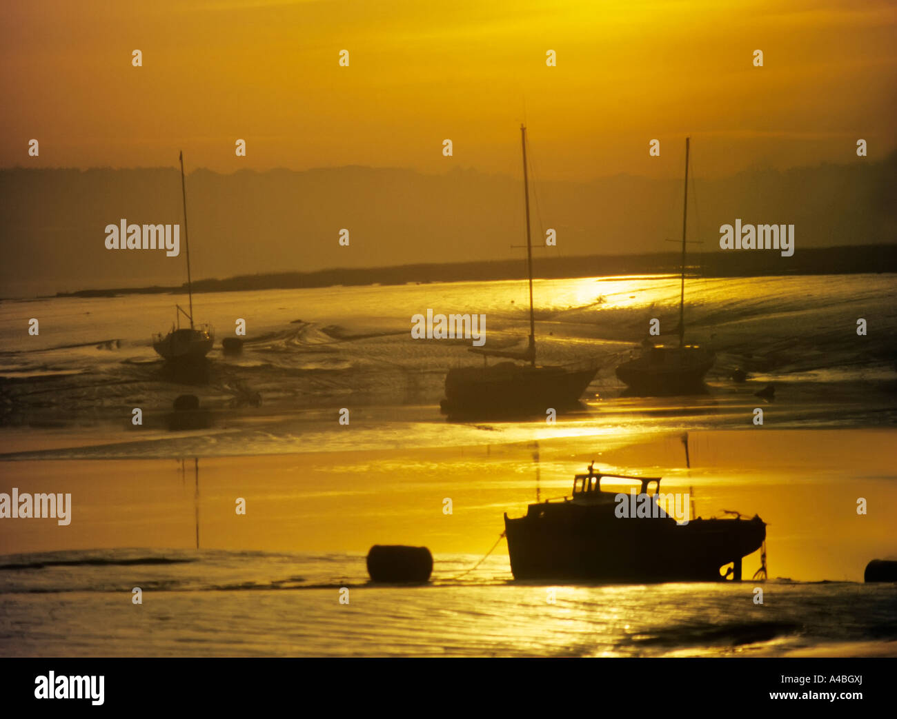 Barche sul tidal velme in misty tramonto prima di Barrage è stato costruito per la Baia di Cardiff Cardiff Wales UK Foto Stock
