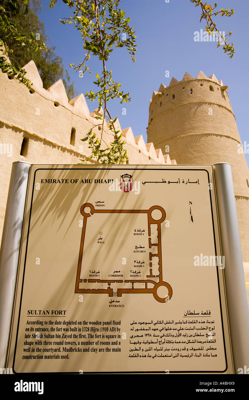Sultano bin Zayed Fort in Al-Ain, Abu Dhabi, Emirati Arabi Uniti - un segno con il piano e breve storia.(Al Ain) Foto Stock