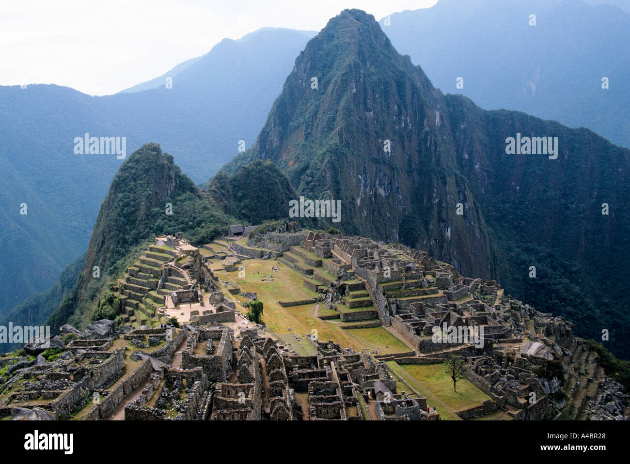 Machu Picchu, Perù. Panoramica delle rovine Inca; Urubamba/fiume Vilcanota spartiacque. Foto Stock