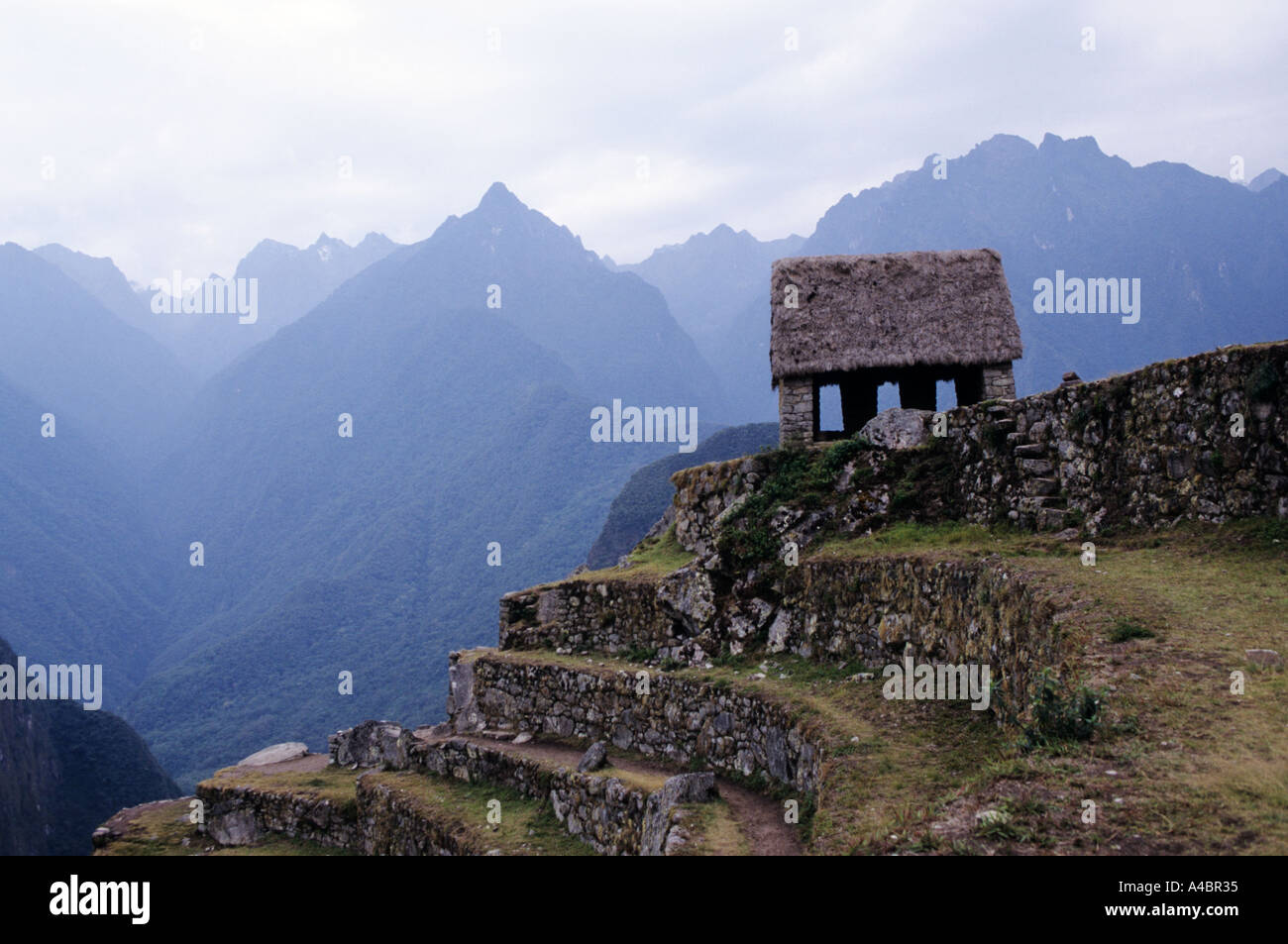 Machu Picchu, Perù. Terrazze e un Inca Rifugio con tetto di paglia di moderno. Foto Stock