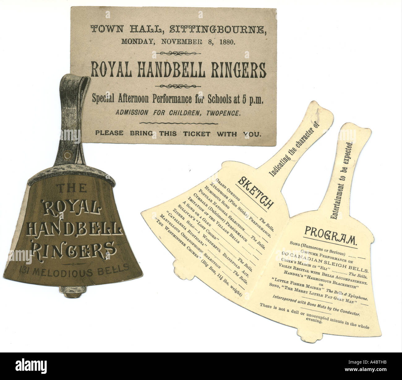 Royal mano campanelli per la pubblicità e il concerto biglietto 1890. Foto Stock