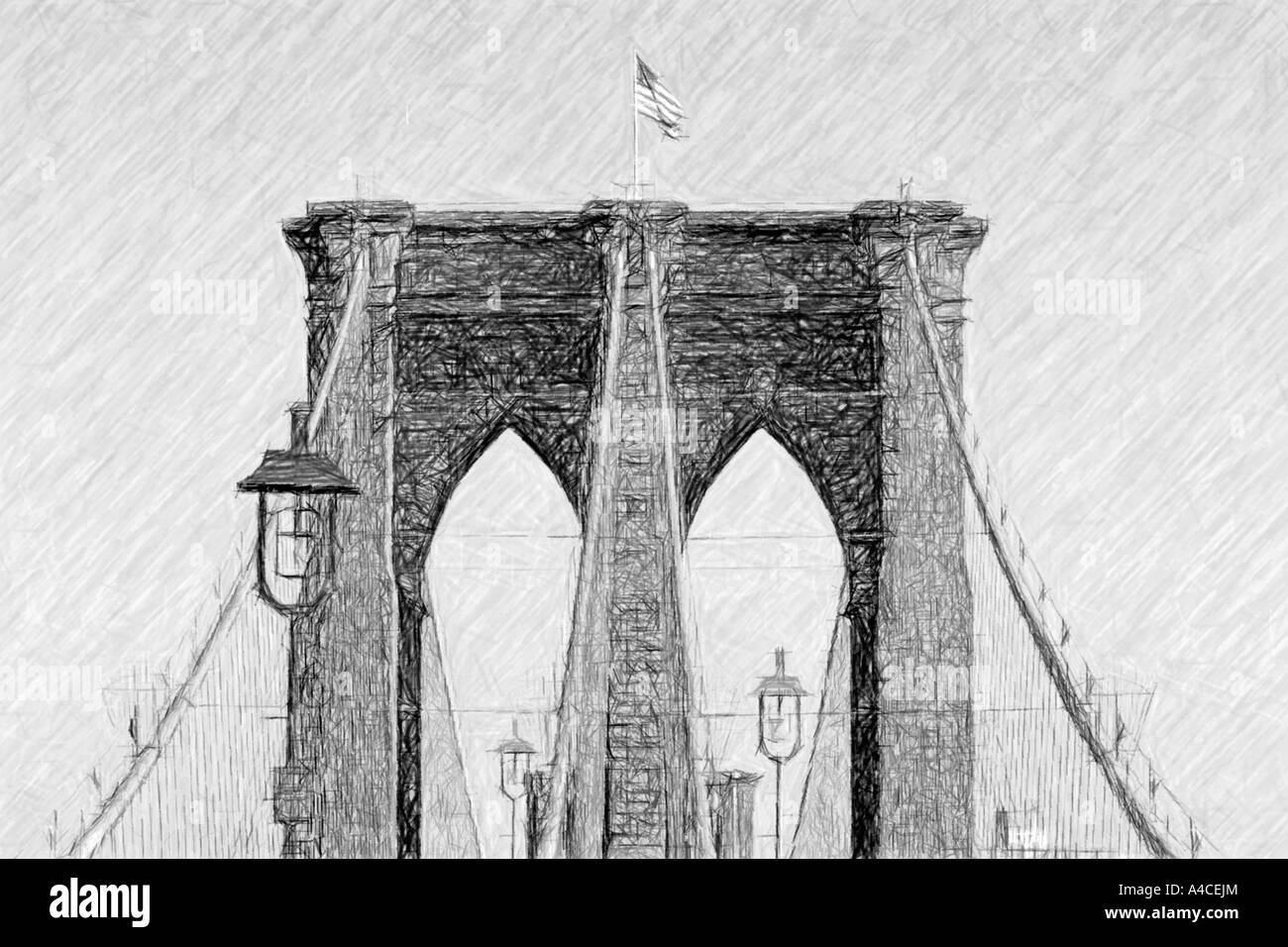 Ponte di Brooklyn come carbone o disegno, reso digitalmente Foto Stock