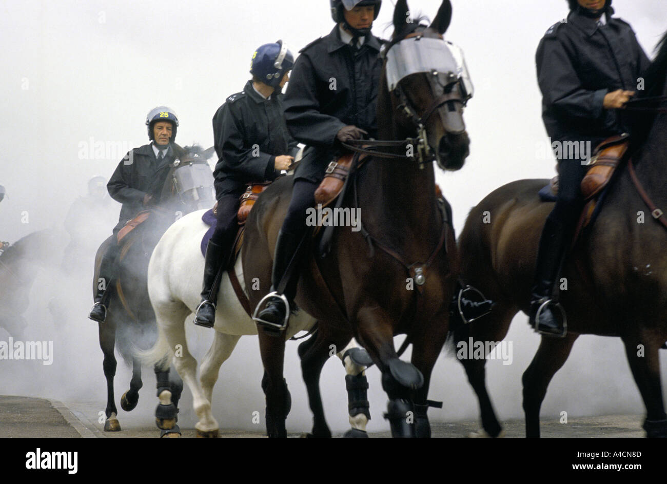 Polizia montata cavalcare i loro cavalli attraverso fumo flares come parte di antisommossa della formazione Foto Stock