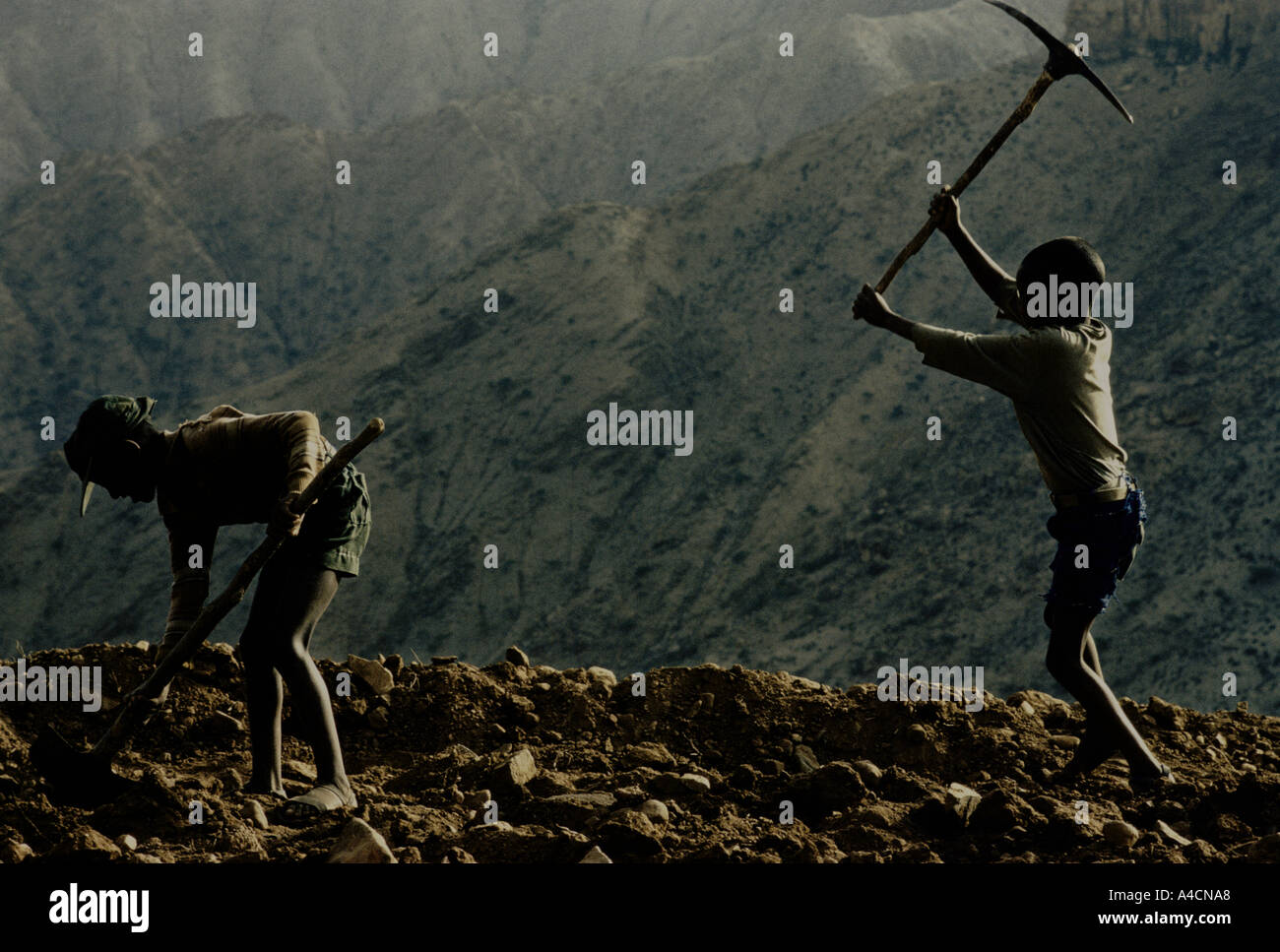 Due ragazzi, kudos & Daniel, aiutano a scavare la terra con il piccone e la pala, MESHAL VILLAGE, maggio 1991. Foto Stock