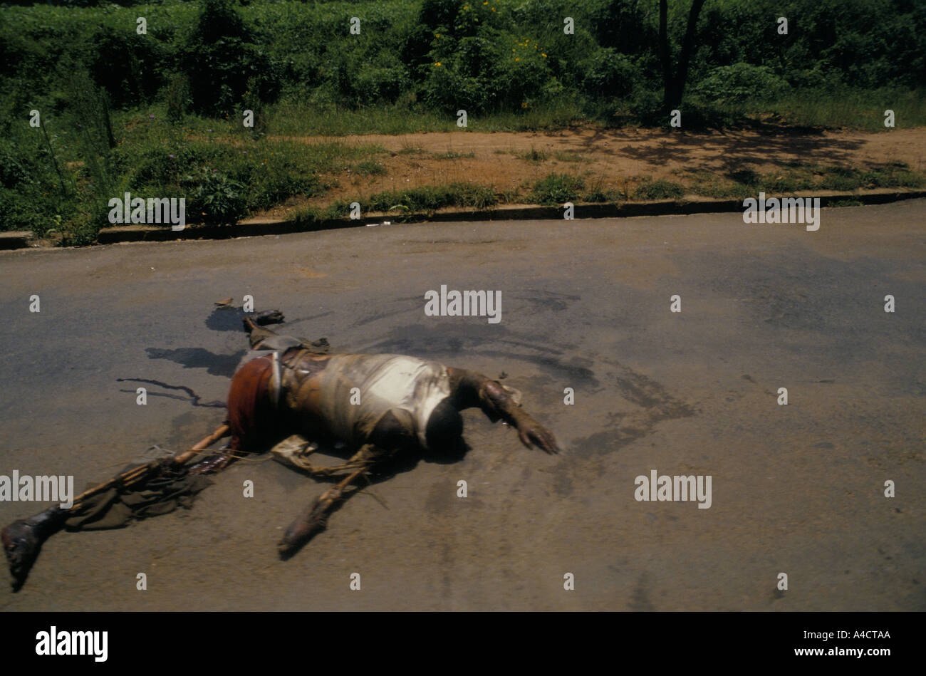 Il Kigali, Ruanda, Aprile 1994: il corpo dell'uomo ucciso nei primi giorni del genocidio si trova lungo la strada e in parte mangiato da cani. Foto Stock