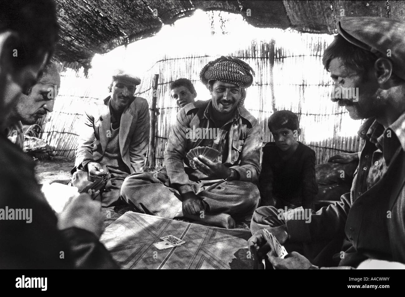 Luglio 1987 Iraq Turchia frontiera tribesmen curda di giocare a carte in un tradizionale pelo di capra tenda Foto di Richard Wayman Foto Stock