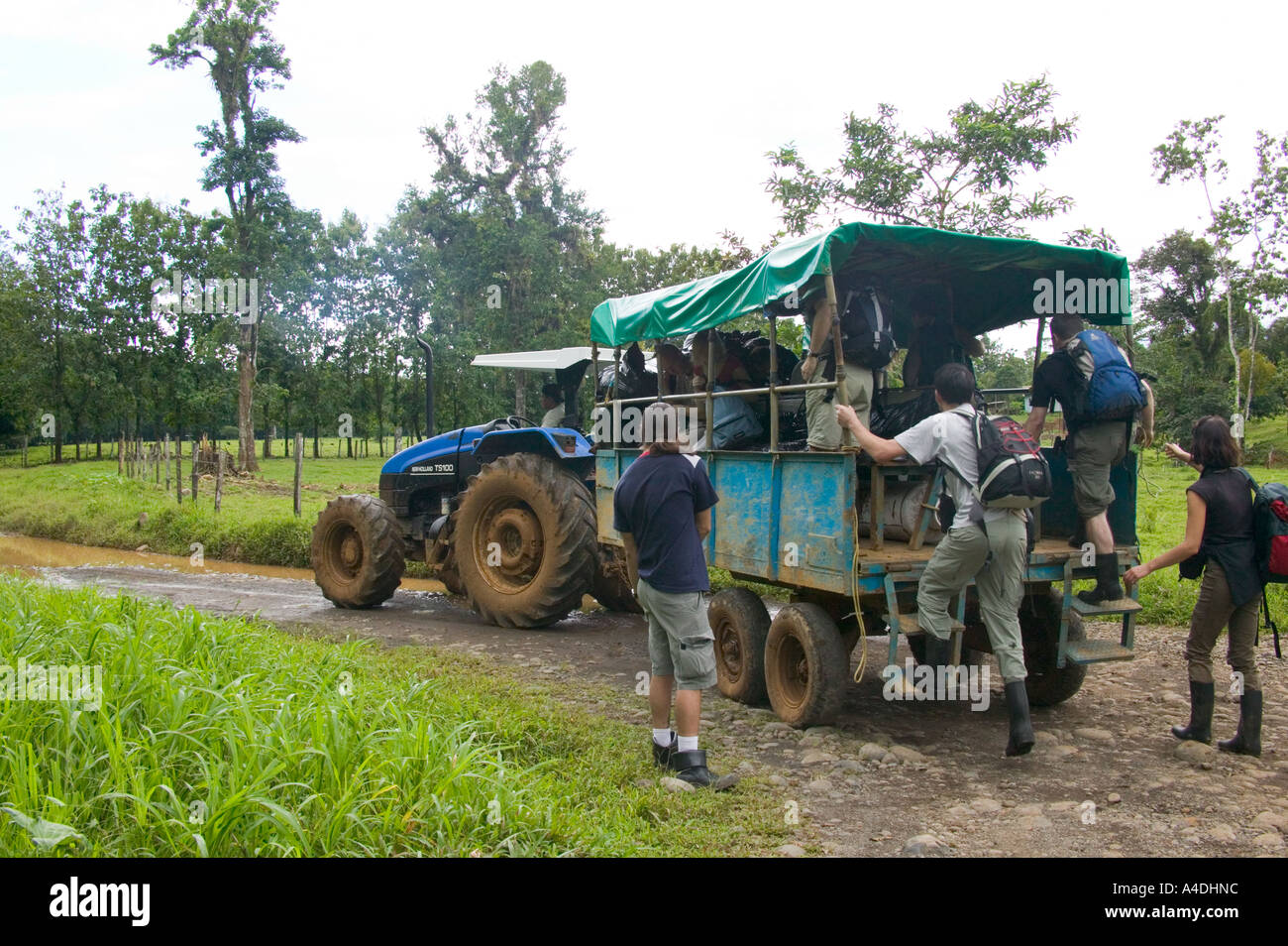 Trasporto del trattore al di fuori Horquetas lungo il tragitto per Rara Avis, Valle Central & Highlands, Costa Rica Foto Stock