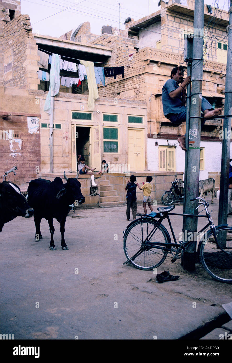 A piedi nudi tecnico telefonico di un palo del telegrafo in Jaisalmer, Rajasthan, India Foto Stock