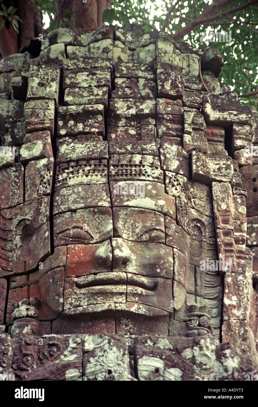 Uno dei centinaia di enormi sorridenti facce di pietra nel complesso di Ankor, Cambogia. DW26a Foto Stock