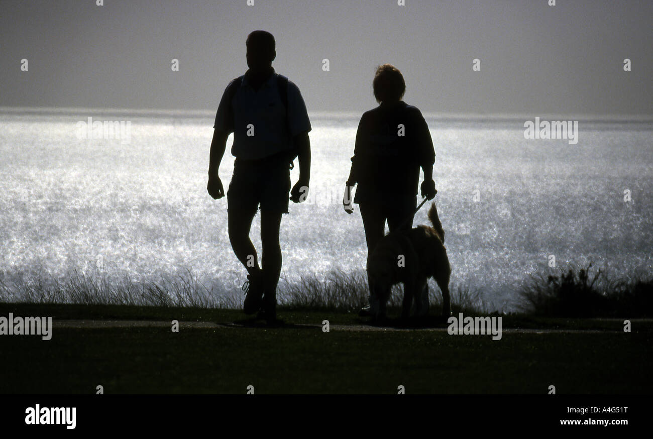 Due persone in silhouette a piedi un cane con illuminata dal sole in mare sullo sfondo. Foto Stock