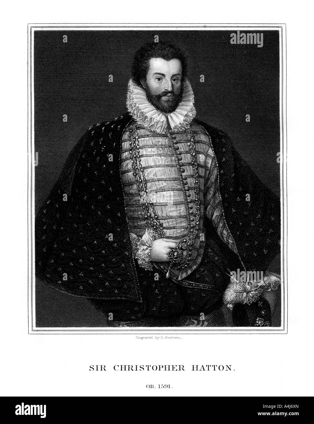 Sir Christopher Hatton, politico inglese, (1827).Artista: E Scriven Foto Stock