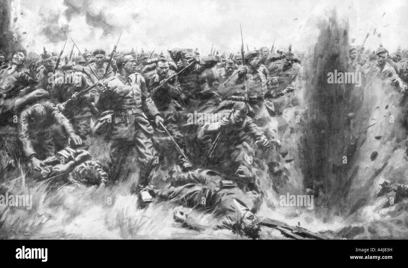 'Un massiccio attacco tedesco sul fronte britannico', la prima guerra mondiale, 1914 (1926).Artista: Arthur C Michael Foto Stock