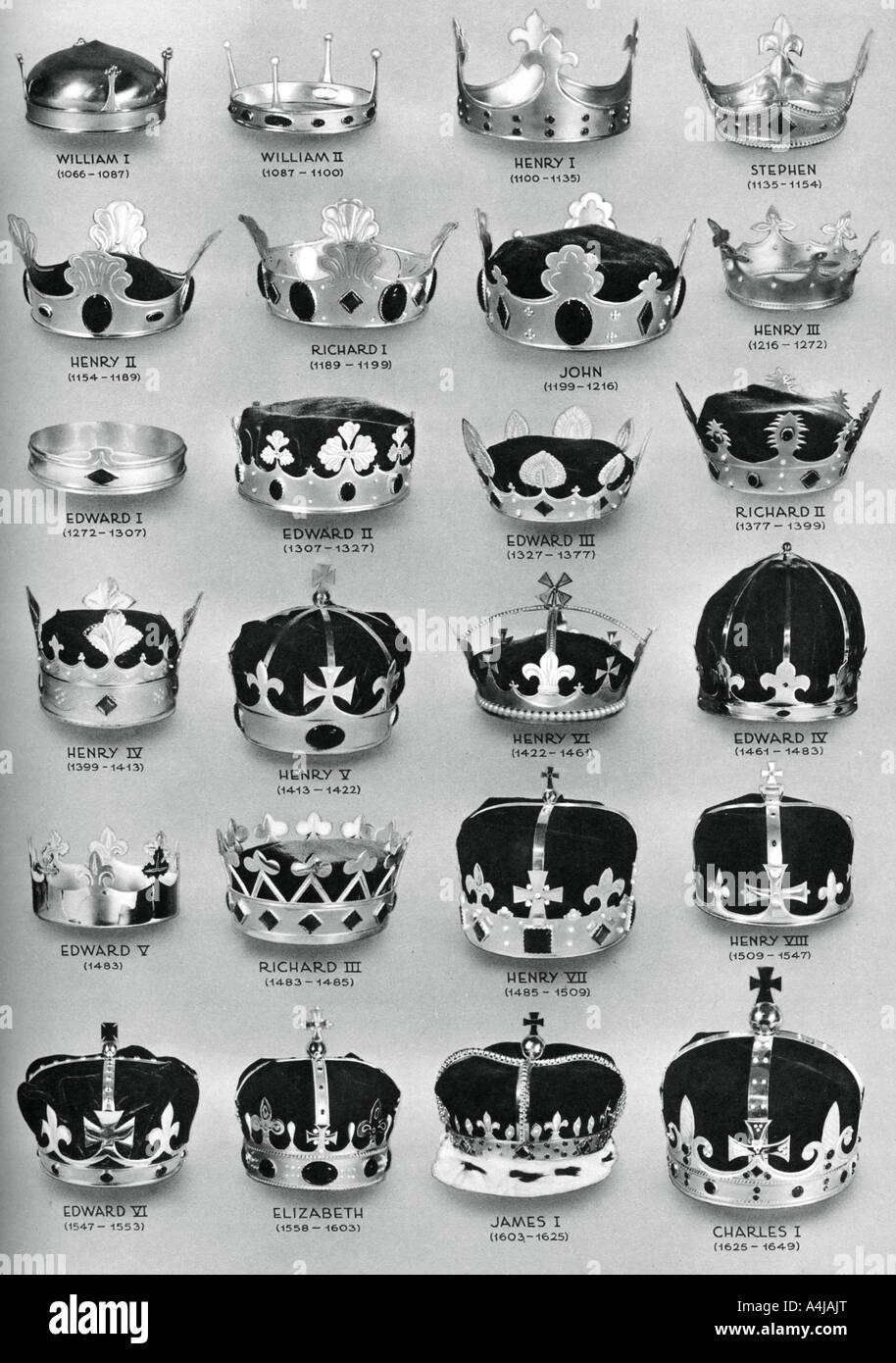 Le corone dei sovrani inglesi da Guglielmo il Conquistatore a Carlo I, 1937. Artista: sconosciuto Foto Stock