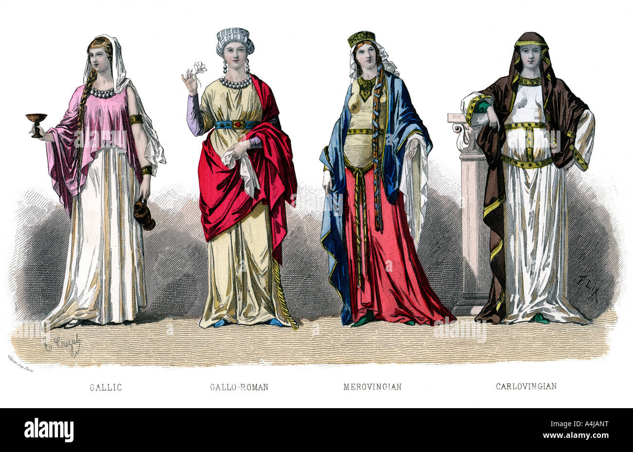 Costume francese: il gallico, gallo romana, Merovingi, Carlovingian, (1882). Artista: sconosciuto Foto Stock