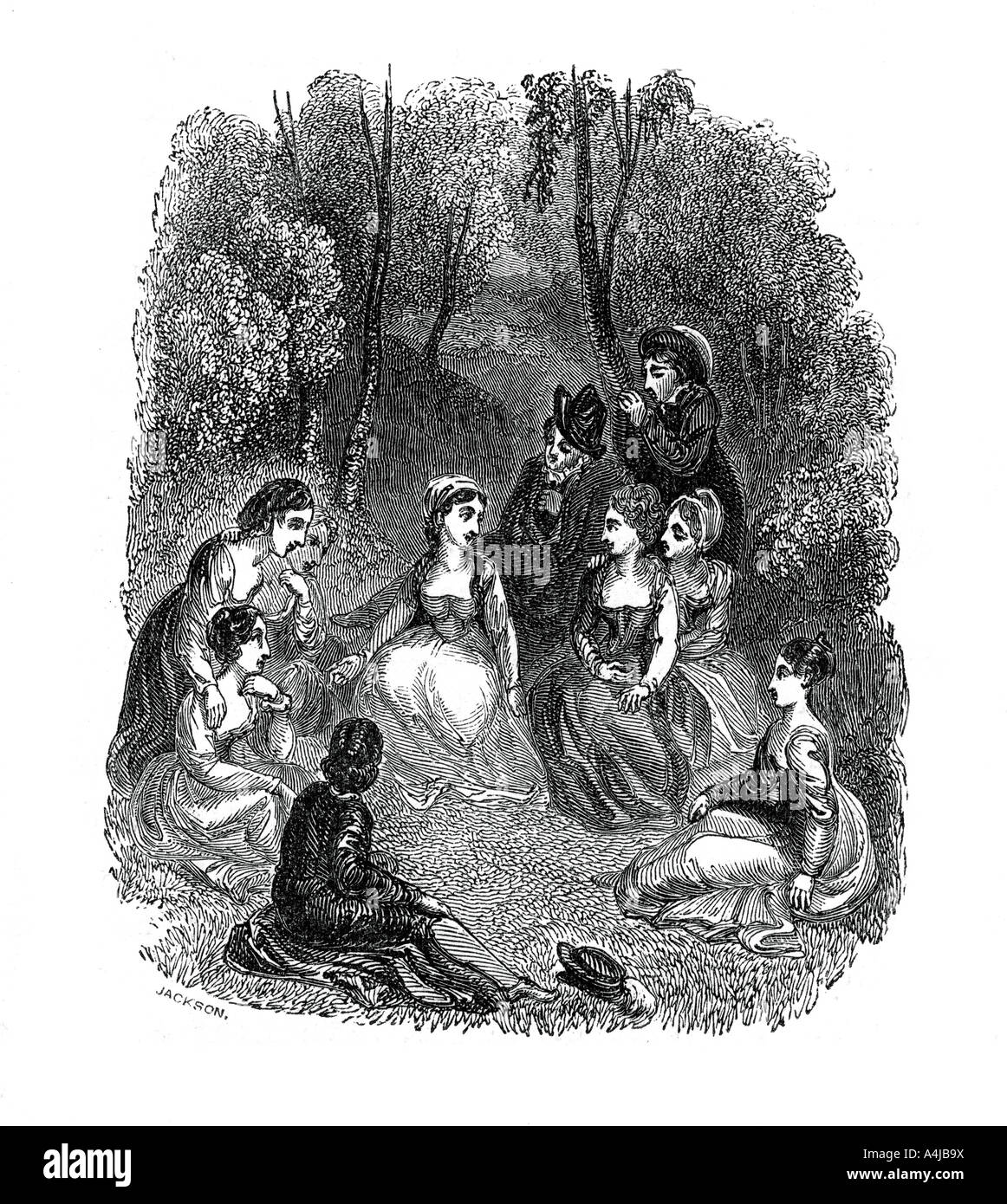 Scena da introduzione al Decamerone di Giovanni Boccaccio, (1833).Artista: Thomas Stothard Foto Stock