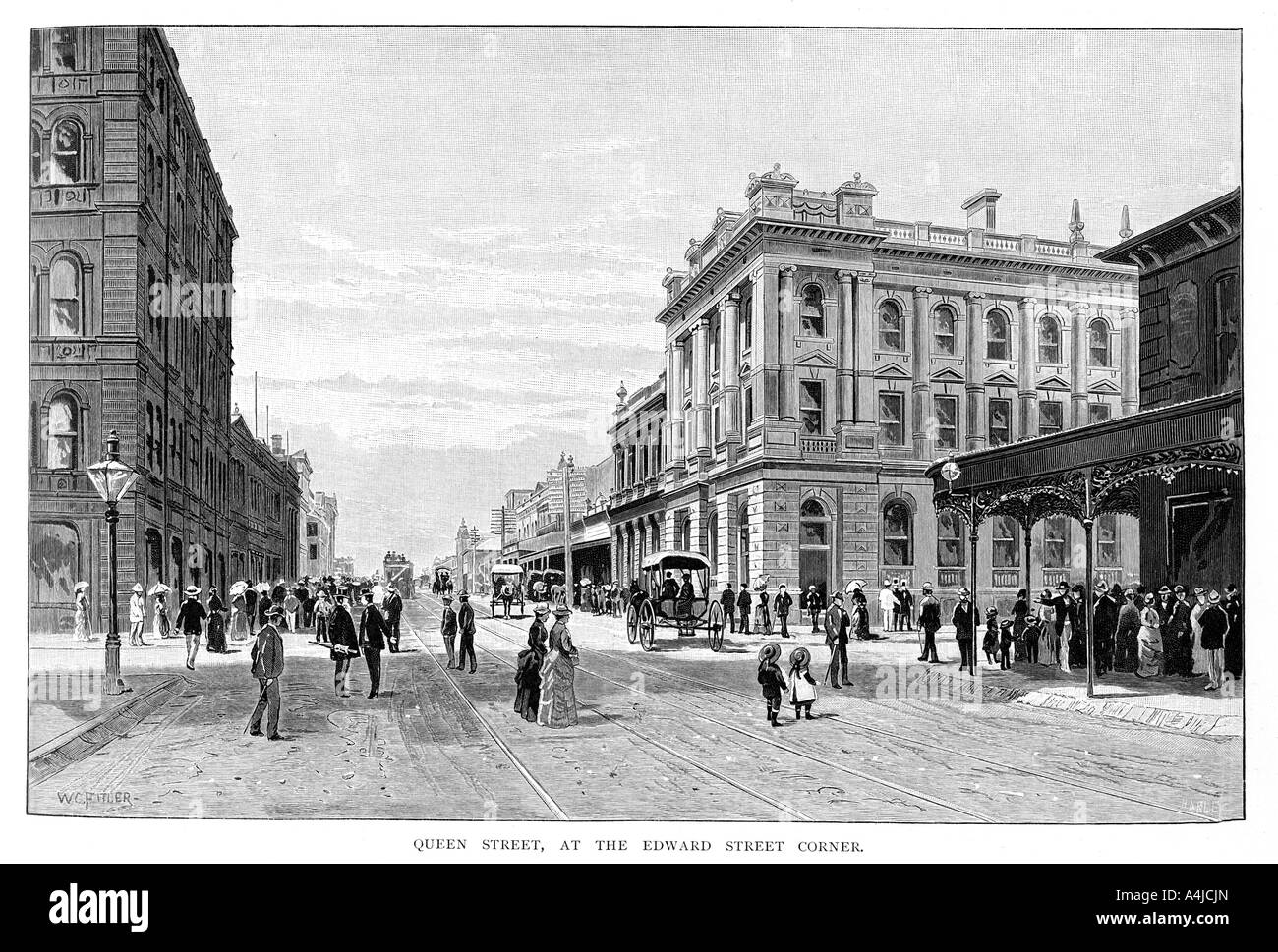 "Queen Street, a Edward Street Corner, Brisbane, 1860 (1886). Artista: WC Fitler Foto Stock