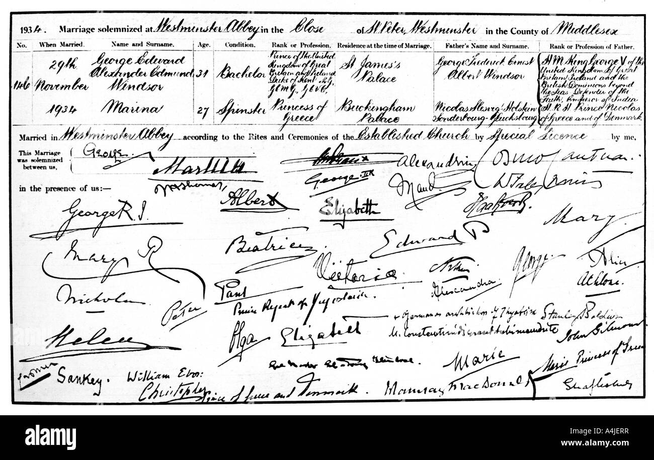 Il certificato di matrimonio tra il Duca e la Duchessa di Kent, 1934. Artista: sconosciuto Foto Stock