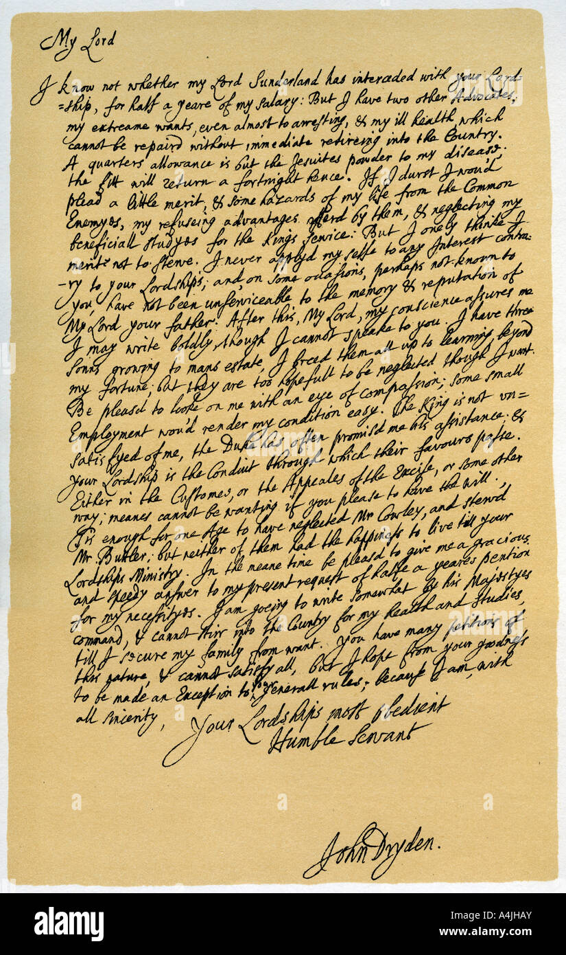 Lettera da John Dryden a Laurence Hyde, c1682-1683.Artista: John Dryden Foto Stock