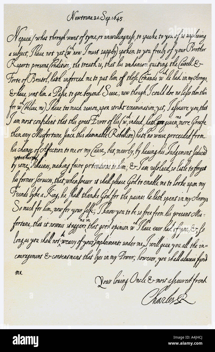 Lettera da Carlo I di suo nipote, il Principe Maurice, XX SETTEMBRE 1645. Artista: Re Carlo I Foto Stock