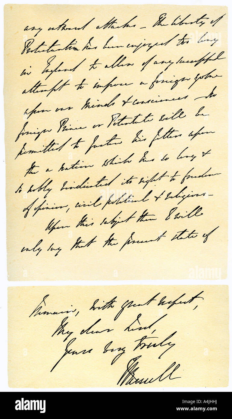 Lettera da John Russell a Edward Maltby, vescovo di Durham, 4 novembre 1850.Artista: Lord John Russell Foto Stock