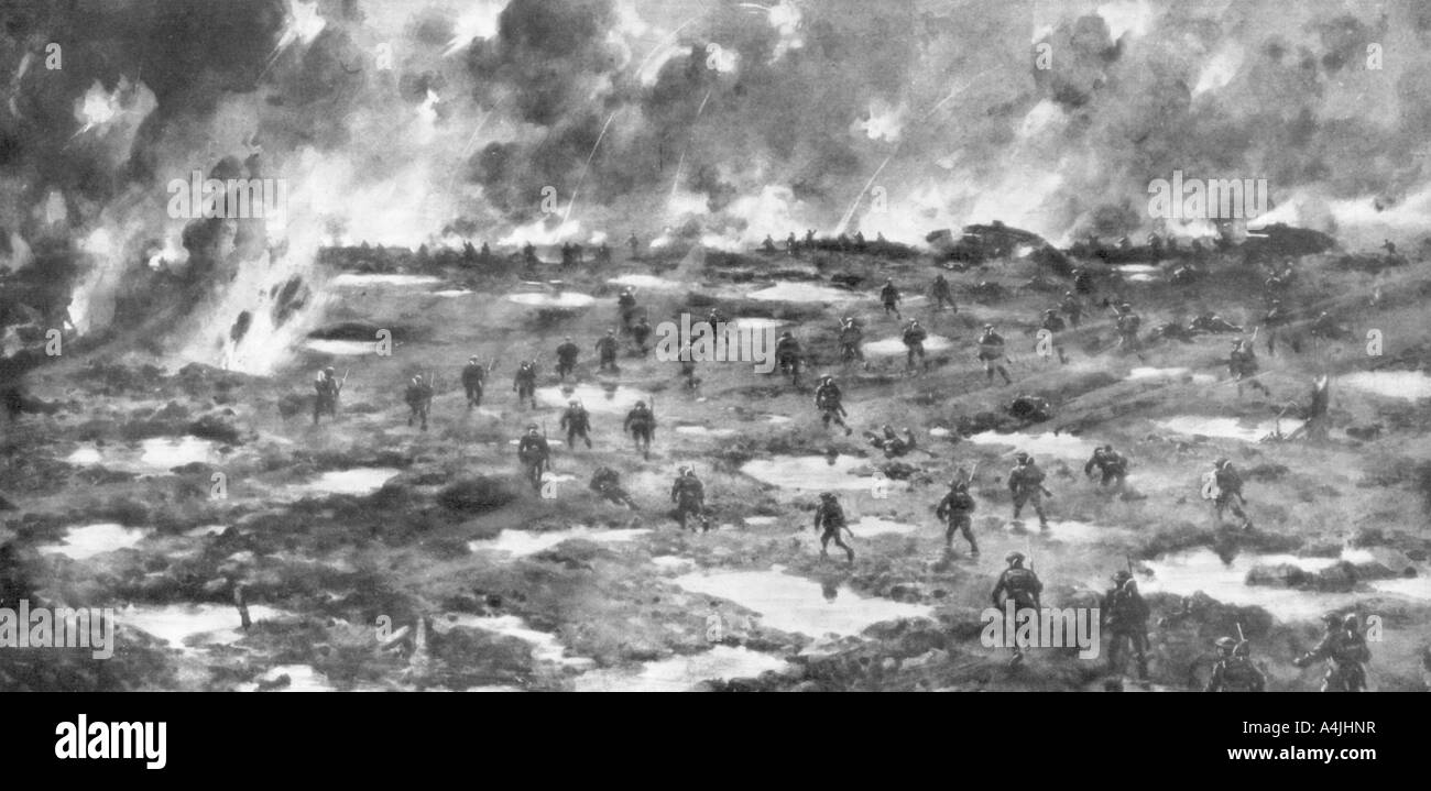 "Conquista della cresta Wytschaete-Messines', il Belgio, la prima guerra mondiale, il 7 giugno 1917. Artista: sconosciuto Foto Stock