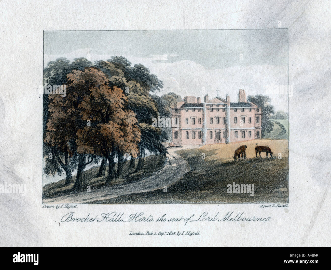 "Brocket Hall, Herts, la sede del signore Melbourne', 1817.Artista: Daniel Havell Foto Stock