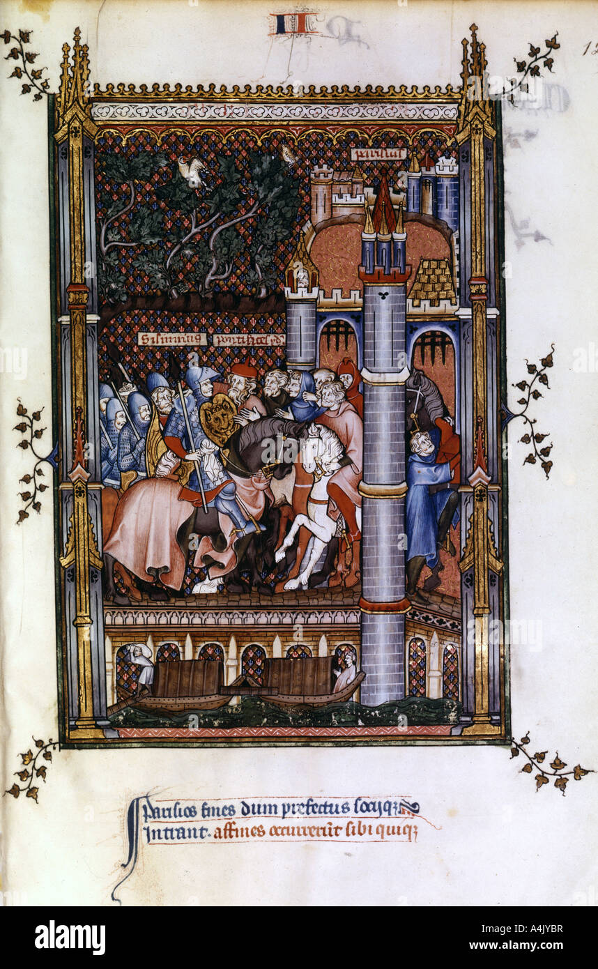 Sacerdoti pagani benvenuti Sisinnius alle porte di Parigi, 1317. Artista: sconosciuto Foto Stock