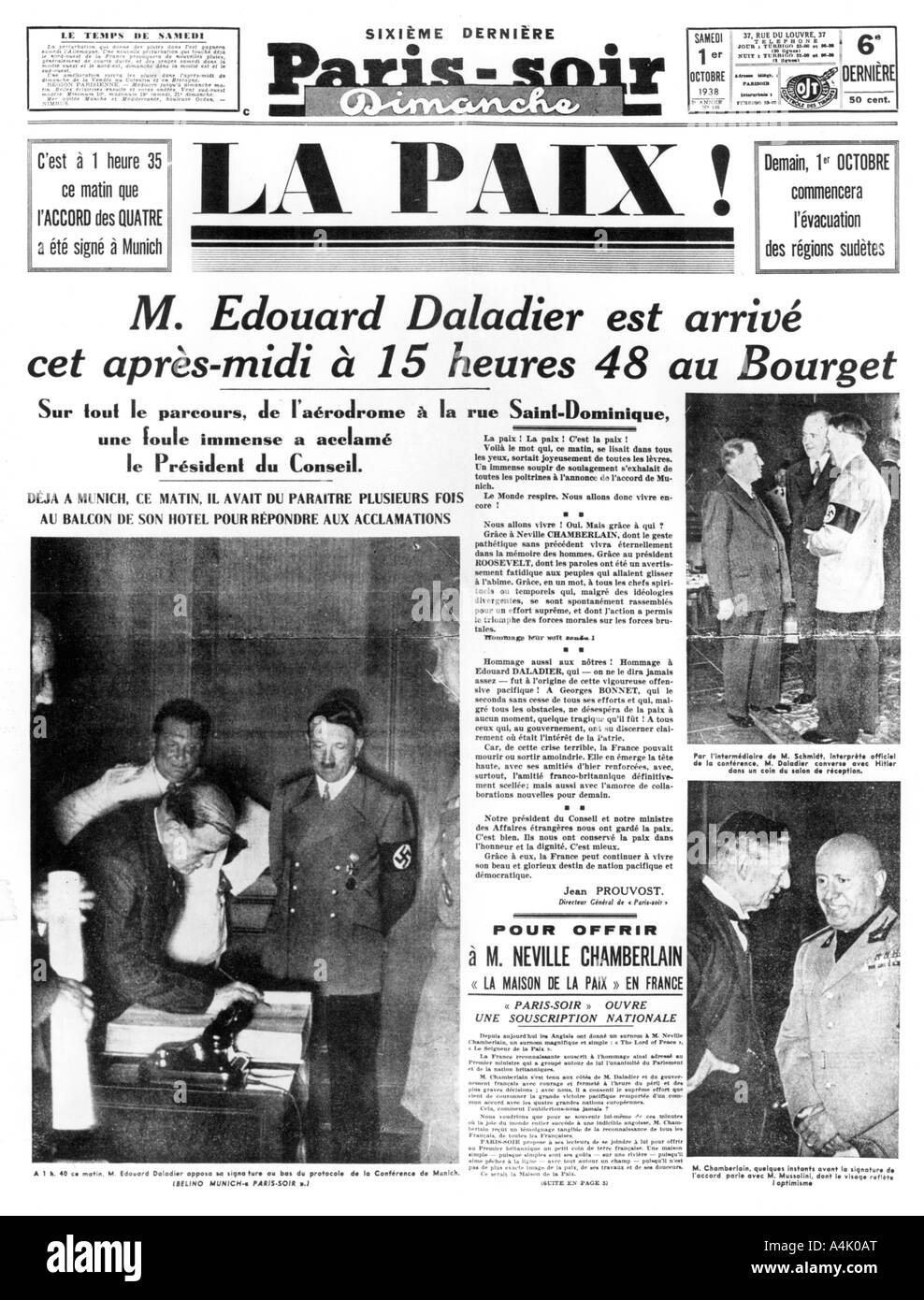 La pace!, pagina anteriore di Paris-soir quotidiano, 1 ottobre 1938. Artista: sconosciuto Foto Stock