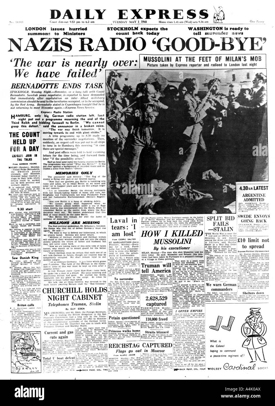 Nazisti Radio 'arrivederci', pagina anteriore del Daily Express, 1 maggio 1945. Artista: sconosciuto Foto Stock