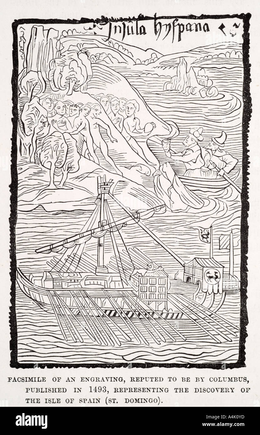 Isola di Spagna 1493 Nautico Marittimo marine mappa barca vela oar galeone galley esplorare scoprire nuovo mondo Colombo Atlantic cross Foto Stock