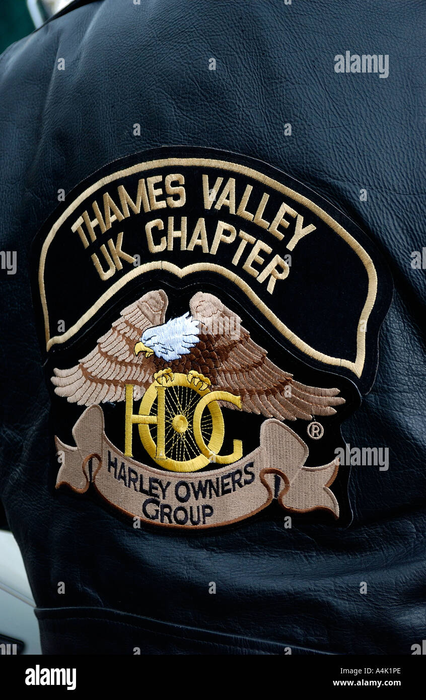 La Thames Valley Harley proprietari giacca di pelle con logo Foto Stock