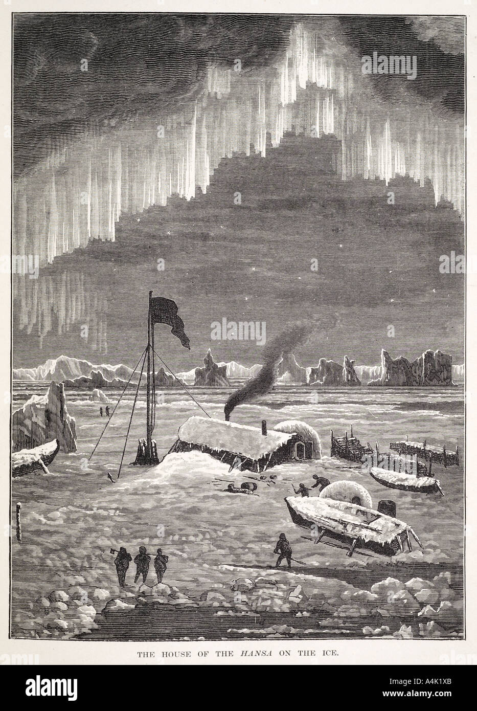 Casa ghiaccio hansa aurora encampment bandiera pole ghiaccio vela marina nautico marittimo polare artico berg congelare expedition nord b Foto Stock
