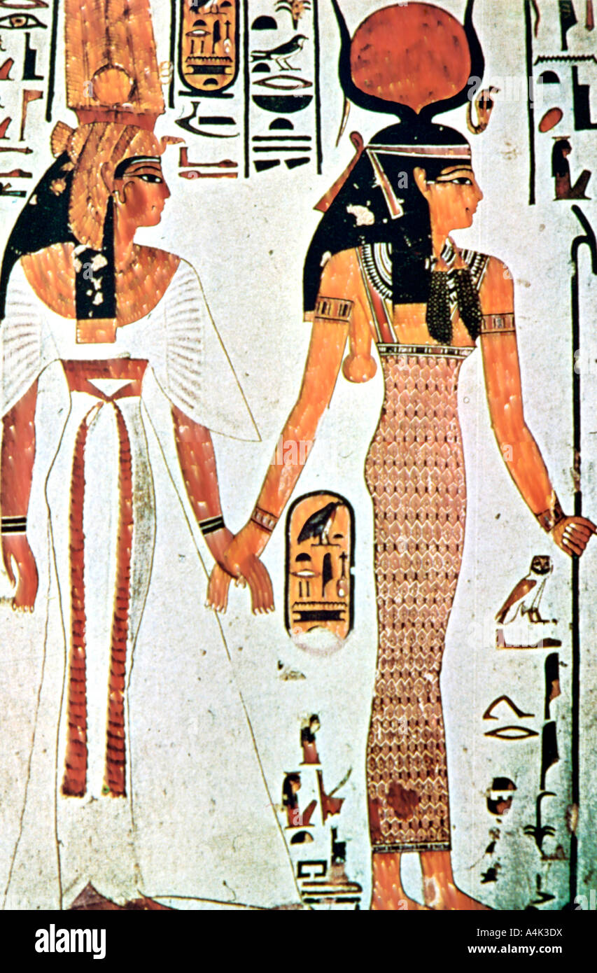 Nefertari e Isis, egiziana antica pittura murale da una tomba tebana, xiii secolo A.C. Artista: sconosciuto Foto Stock